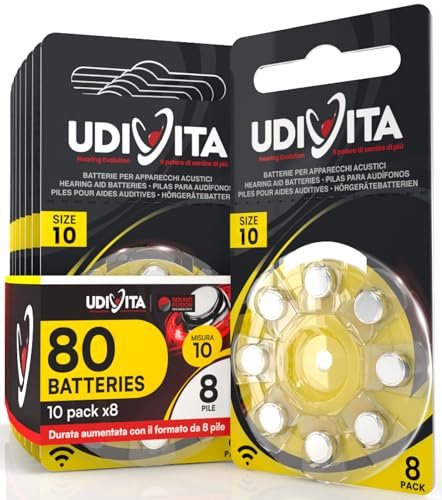 80 Hearing Aid Batteries Size 10 Udivita PR70 (Yellow) with Phono Pulse Technology - 10 Blisters of 8 Batteries