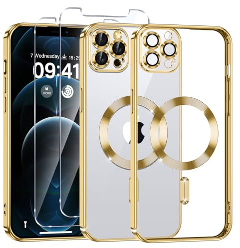 Phoona Cover Placcatura per iPhone 12 Pro Max 6,7 Pollici, Obiettivo per Fotocamera Protezione Completa e 2 × vetro temperato, Compatibile con MagSafe Ricarica Wireless, Protezione Militare, Oro