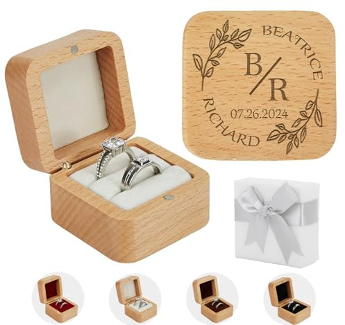Relosy Hochzeitsring-Box, personalisierbar, aus Buchenholz, Ringhalter und Geschenk-Box, Reisering-Schmuck-Organizer, Ringbox mit 2 Schlitzen, für Verlobung, Hochzeitsantrag
