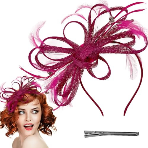 Ladies Fascinator Wedding Hat,Hemp veil headdress Europe and the United States Retro Feather Fashion Feather Hairpin Stage Runway Bride Hair Accessories for Cocktail Tea Party Weddings Races(Rose)