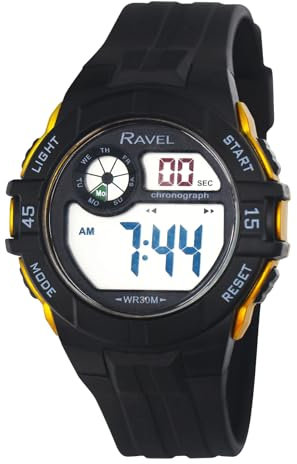 Ravel - Runde 3ATM- Digital-Herren-Quarz-Armbanduhr mit Beleuchtung - RDG.14.20 - Schwarz/Gelb