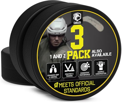 EAGLES Ice Hockey Pucks 1, 2, 3, 6 or 50 Pack | High Grade Pucks Official Regulation Weight & Size for Practice & Classic Training - 6 oz Diameter 3 Thickness 1 Black Hockey Puck Roller Hockey