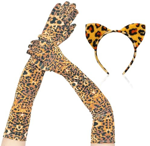 FDGGT 1 Paar Handschuhe Mit Leopardenmuster, 1 Stirnband Mit Leopardenmuster, Lange Handschuhe Für Damen, Performance-Requisiten Mit Leopardenmuster, Dekoration Für Kleidungszubehör
