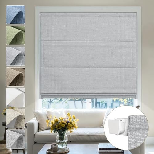 Moonice No Drill Roman Blinds for Windows Blackout Cordless Linen Roman Shades Elegant Fabric Shades for Indoor Windows,Thermal Insulated Tension Blinds for Bedroom Home Office,Smoky Grey