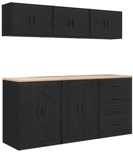 vidaXL Armoires de Garage 6 pcs Noir Bois d'ingénierie, Armoire de Rangement de Garage, Armoire de Rangement, établi de Garage, Armoire à Outils