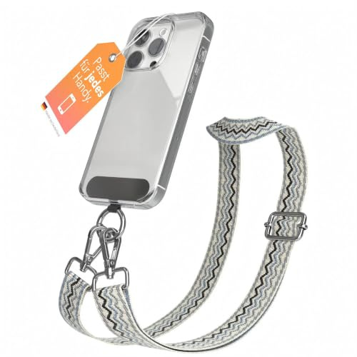 EAZY CASE - Handykette Universal zum Umhängen kompatibel mit jedem Handy Kette mit Hülle kombinierbar Handykordel mit Karabiner für Handyhülle Handyband zum Umhängen Bunt Welle Kordel Beige Blau