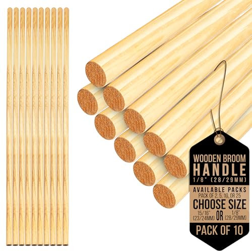 Wooden Broom Handle – Multipurpose Garden Broom Shaft, Mop Handle, Broomstick Brush Pole, Plant Support Wooden Sticks for Garden - 120cm Long Stick (Pack of 10, 1/8 (28/29mm)