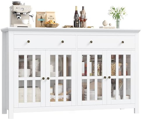 FirFurd 140cm Aparador Cocina, Vitrina Salón, con 2 Cajones y 4 Puertas de Cristal, Muebles de Salón, Aparador Comedor, Mueble Recibidor, con Estantes Ajustables (Blanco)