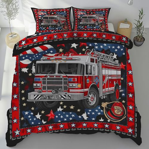 Feuerwehrwagen Bettwäsche 135x200 cm, Feuerwehr Fahrzeuge Auto Bettbezug | 3 Teilig Bügelfrei, Feuerwehrmann LKW Bettwäsche Set, Wendebettwäsche mit 2 Kissenbezug