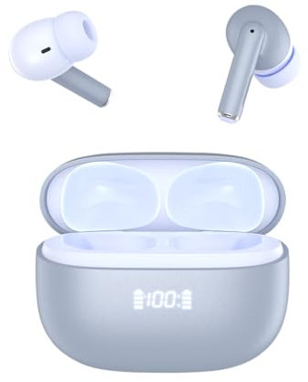 Cuffie Bluetooth, TWS,Auricolari Bluetooth 5.1 Stereo HiFi, ANC/ENC Cancellazione Rumore Cuffie Wireless, 30 Ore, Touch Screen con Equalizzatore, In Ear Cuffie S/F,IP7 Imper, Bianco (Blue chiaro)