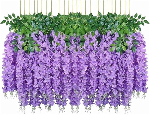 Yeehliny Künstliche Blumen, Künstliche Glyzinien, gefälschte Wisteria, Hängende Blauregen Seidenblumen künstliche Pflanzen für Hochzeiten Haus Garten Party Hochzeitsdeko (48 Stück/Violett)