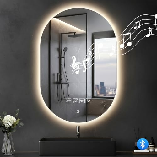 Lightasea espejo de baño con iluminación, 50 x 75 cm, interruptor táctil, Bluetooth, 3 colores de luz, regulable, desenfoque, vertical/horizontal