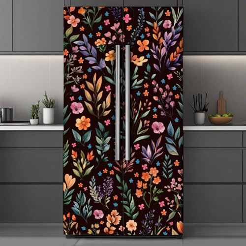 GOMAKERER 2 Pcs Floral Pattern Removable Refrigerator Wraps, Self-Adhesive Fridge Door Mural Vinyl Fridges Panel Cover Sticker for Kitchen Bar Decor, 41.5x200cm