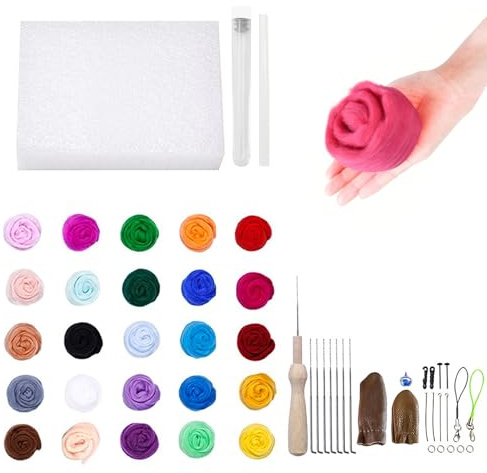 DEANKEJI 25 Farben Filzwolle-Set,Je 2 g,mit Werkzeug & Anleitung,für DIY | Weiche Wolle,Leicht Formbar,25 Farben,Inkl,Nadeln,Schaumstoff,Griffe, Fingerschutz,Für Puppen,Deko,Geschenk für Bastler