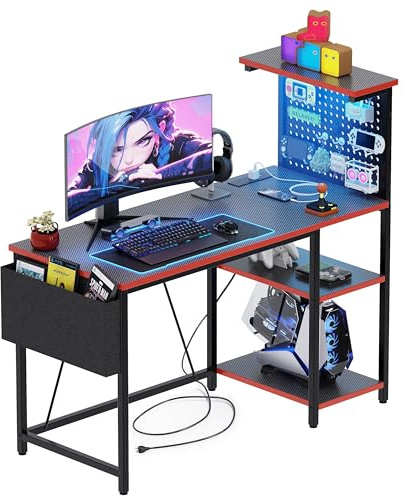 Xyphren Gaming Desk with Pegboard & Power Outlet & LED Light, Small Computer Desk with Reversible Shelves for Corner Home Office Desk, 140 * 50cm, Blcak