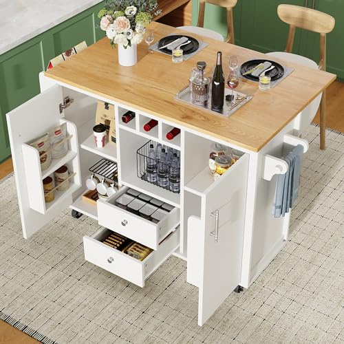 Huayz Moderne Kücheninsel mit Stauraum 120 x 73 (45) x 92 cm, Rollende Küchenblock mit versteckten Rollen, Küchenwagen mit Klappbarer Holzmaserung Arbeitsplatte, Insel, Wagen