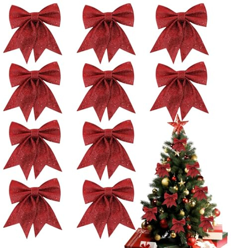 10 Stück Rote Schleifen Weihnachten, Weihnachtsbaum Deko Glitzer, Christbaumschmuck Rot, Weihnachtsschleifen für Zuhause, Party, Hochzeit und Feiertage