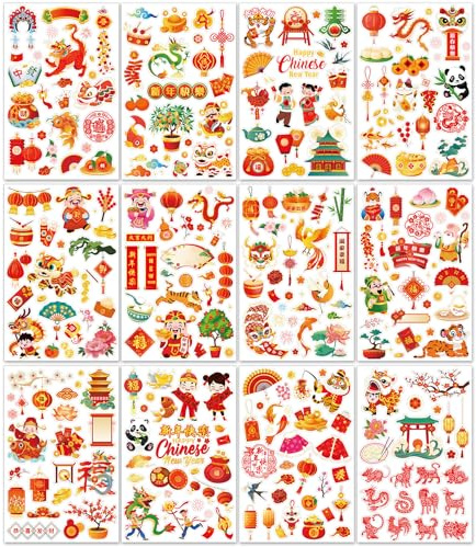DPKOW 24 Bögen Sticker Chinesisches Neujahr Fotoalbum Aufkleber für DIY Basteln Geschenk Chinesisches Neujahr Scrapbook Bullet Journal Stickers Deko Chinese New Year Aufkleber