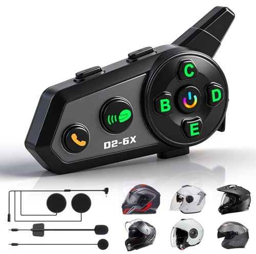 Avutrel Casque Audio Moto BT 5.3 - Intercom 6 Personnes, portée de Communication 500m, Partage de Musique, Micro 2-en-1, 1000mAh, Radio FM, IPX6, Compatible Casques Intégraux/Modulables
