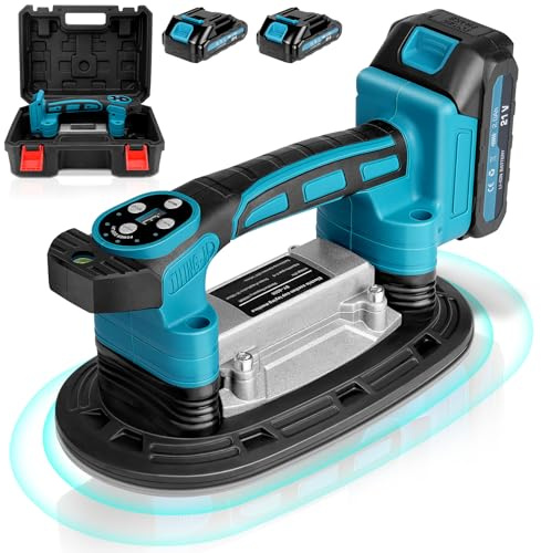 Secoueur de carrelage 2 en 1 sans fil et ventouses avec 2 batteries de 2000 mAh, vibromasseur de carrelage avec ventouse de 22,5 x 12 cm, adsorption 250 kg, 9 vitesses réglables 25 000 tr/min