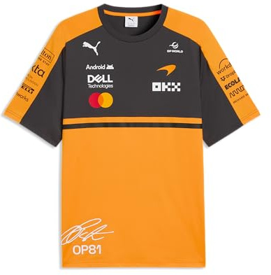 PUMA McLaren F1 2026 Herren Oscar Piastri Fahrer T-Shirt - Orange | Alle neuesten McLaren Formel-1-Team- und Partnerlogos, Kurzärmel mit Rundhalskragen, Offizielle lizenzierte Replica-Sammlung