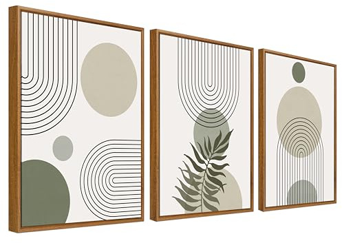 3Pcs Abstrakt Boho Salbei Grün Leinwand Bilder Set Mit Rahmen Wandposter Geometrische Linie Beige Grün Bild Wandbilder Wohnzimmer Schlafzimmer Badezimmer Wanddeko 40x60cm x3pcs (Ohne Acrylglas)