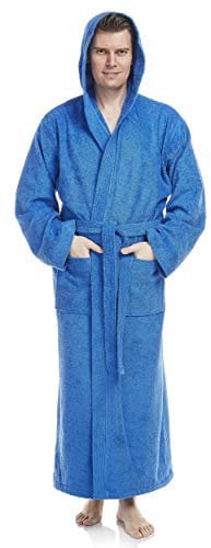 Arus Accappatoio da uomo con cappuccio, lunghezza alla caviglia, 100% cotone spugna, Blu reale, L-XL lungo