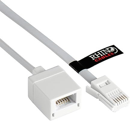 rhinocables BT Telephone Extension Cable, Male Plug to Female Socket Box Lead Wired for UK Landline Phone Cord Extension, Home and Office, Fax, Modem, White (5m)