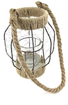 Laterne Windlicht aus Drahtgeflecht mit Sisal – lang - Höhe 21cm - Metalllaterne für draußen als Gartenlaterne, oder Innen als Tischlaterne
