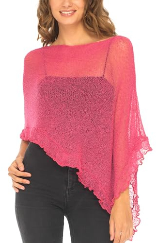 SHU-SHI Womens Sheer Poncho räffla lätt stickad med volanger en storlek passar de flesta