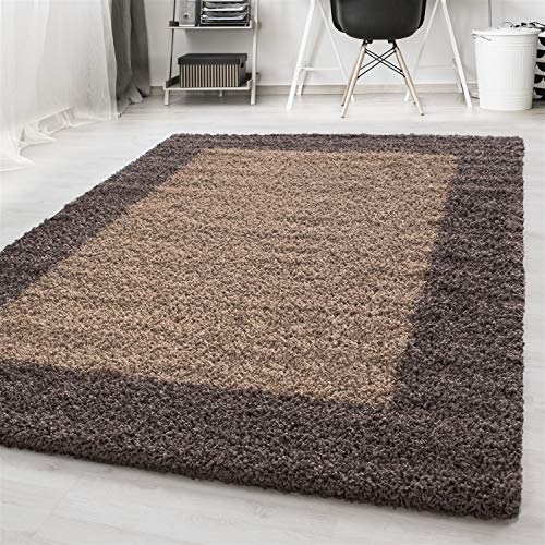 Ayyildiz Teppich-Hochflor Shaggy Teppich Bordüre Muster Wohnzimmer, Polypropylen, Taupe, 60 X 110