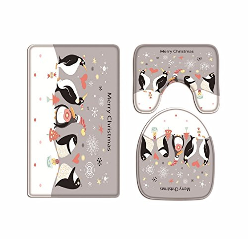A.Monamour Badezimmer Badematte 3 Teilig Set Tier Pinguine Liebhaber Weiß Verschneite Welt Lustig Design Bad Matte Teppich Flanell Saugfähig Badteppiche Badvorleger Badgarnitur WC Vorleger