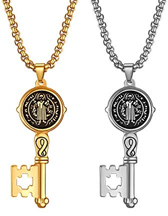 JewelryWe Bijoux pendentif, collier avec médaille de Saint Benoît, croix catholique, protection, exorcisme, acier inoxydable, en forme de clé, couleur argent, or