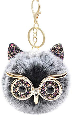 FEBD Puffball Eule Kunstfell Pom Pom Schlüsselanhänger Handtasche börse Schmuck Halter Schlüsselanhänger Rucksack Anhänger - Small, Schwarz