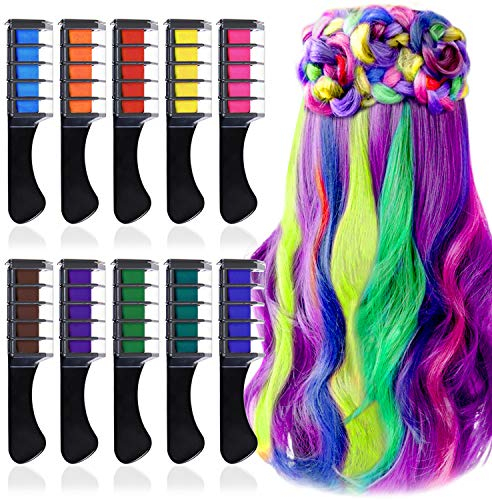 EBANKU 10 Colores Tinte Temporal para el Cabello Tiza Color de Pelo con Tapa, Coloración de Cabello no Tóxico para Niños Teñido Peine