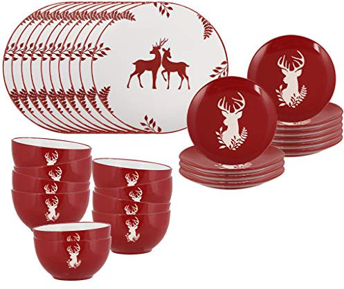 30 Piece Stoneware Dinner Set - Tableware Service for 10 - Christmas Dinner Plate, Side Plate & Bowl