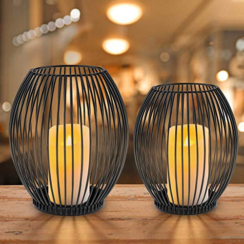 innislink Kerzenständer 2er Set, Metall Kerzenhalter Oval Kerzenleuchter Windlicht Schwarz Vintage Kerzen Ständer Teelichthalter für Deko Wohnzimmer Tischdeko Weihnachts Hochzeit -14 x 15cm, 16 x 18cm