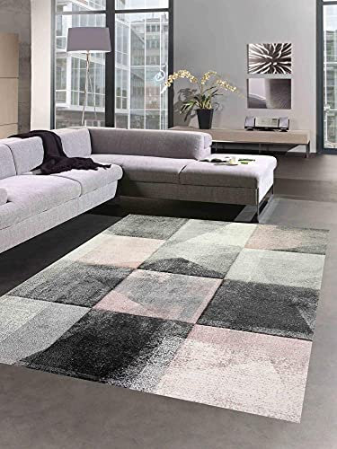 Tapis Abstrait Salon Couloir Design Moderne à Carreaux en Crème Gris Rose - Entretien Facile Größe 200 x 290 cm