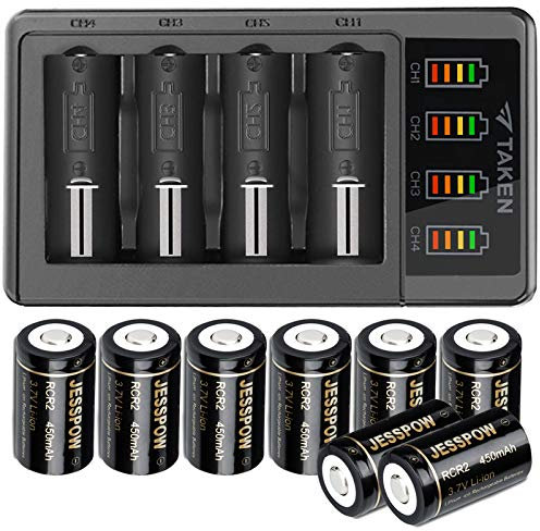CR2 Rechargeable Batteries and Charger, JESSPOW 450mAh 3.7V CR2 Battery, 8 Pack RCR2 Rechargeable Batteries for Golf rangefinder, Telescope, Electric Toys, Smoke Alarm and More(Not for Arlo Camera)