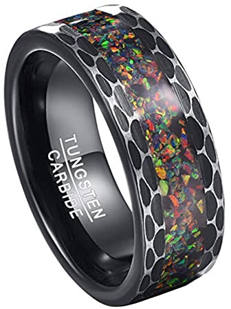 Corato 8mm Schwarz Ringe Herren Wolfram Ring Bunt Opal Eheringe Verlobungring mit Facettierte/Gehämmerte Kanten Größe 65(20.7)