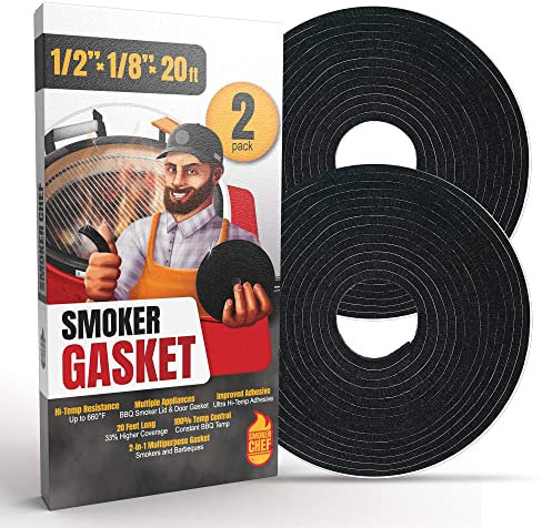 Smoker Chef XXL 20 FT Grill Gasket for Smokers Black 1 2’’ x 1 8’’ Hi Temp Seal Smoker Gasket 2Pack x 10 FT Self Stick Black Nomex Fire Tape for BBQ Lid High Heat Temperature Material Replacement