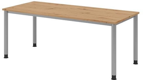 bümö höhenverstellbarer Schreibtisch H-Serie 180x80 cm in Asteiche, Gestell in Silber - großer PC Tisch für's Büro manuell höhenverstellbar, Computertisch verstellbar