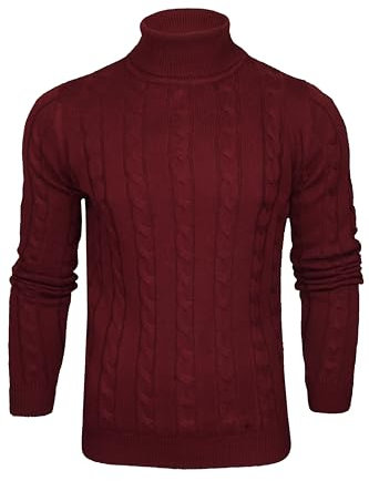 Xact Men's Roll Neck Cable Knit Jumper – Fold-Over Polo Neck Pullover Sweater, Mid-Weight Textured Knit for Smart or Casual Autumn & Winter Layering – UK Brand (Burgundy) XL