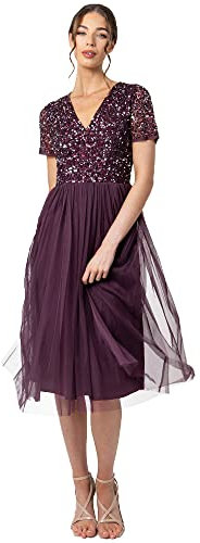 Maya Deluxe Abito da Sera Midi Impreziosito da Donna, Scollo a V con Maniche Corte, per Ballo di fine Anno, Matrimonio Vestito per Damigella d’Onore, Bacca, 38