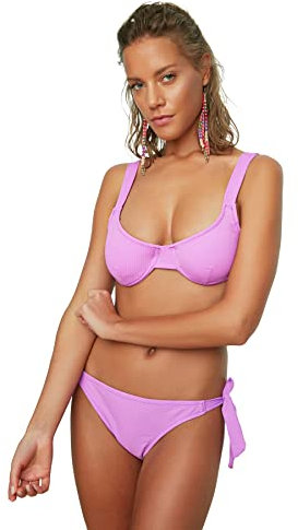 Trendyol Top de Bikini balénico Texturizado Parte Superior, Lila, 36 para Mujer