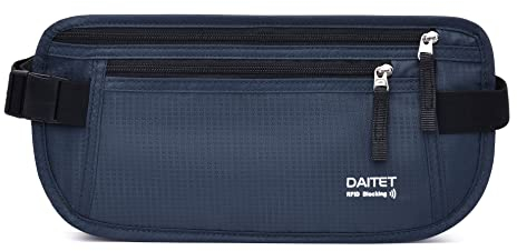DAITET Geldgürtel – Reisepasshülle mit RFID-Blockierung, verdeckte Bauchtasche, dunkelblau, RFID-blockiert und Gurtbreite: 2,5 cm