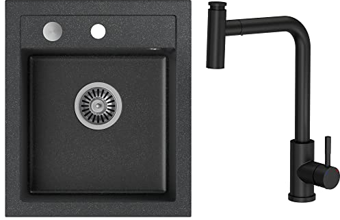 VBChome Spülbecken mit Armatur 43 x 50 cm Schwarz Granit Einzelbecken Einbauspüle gesprenkelt reversibel Verbundspüle + Siphon Waschbecken