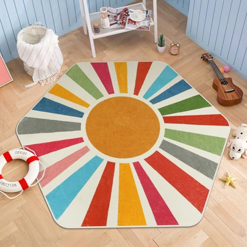 STARUIA Regenbogen-Teppich für Spielzimmer, Kinderzimmer, 120 x 120 cm, Boho-Sonne für Mädchen und Jungen, rutschfester Sonnenschein-Teppich, kleines Spiel für Klassenzimmer, Leseecke, Schlafsaal