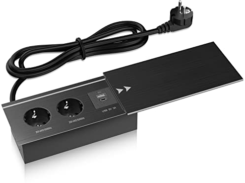 Tischsteckdose 2 Steckdosen mit USB C Aluminium Gehäuse, Ohuo Tisch-Einbausteckdose mit Schiebedeckel, 2 USB Anschlüsse für Konferenztisch, Arbeitsplatte, Sofatisch, 3m Kabel