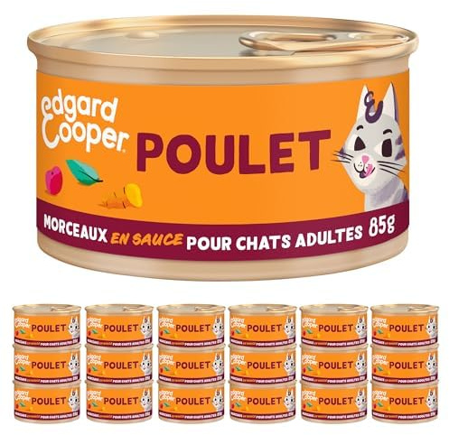 Edgard & Cooper Stücke in Sauce für ausgewachsene Katzen, sterilisiert, Huhn, 18 x 85 g, Nassfutter ohne Getreide, reich an Proteinen, ohne Zuckerzusatz